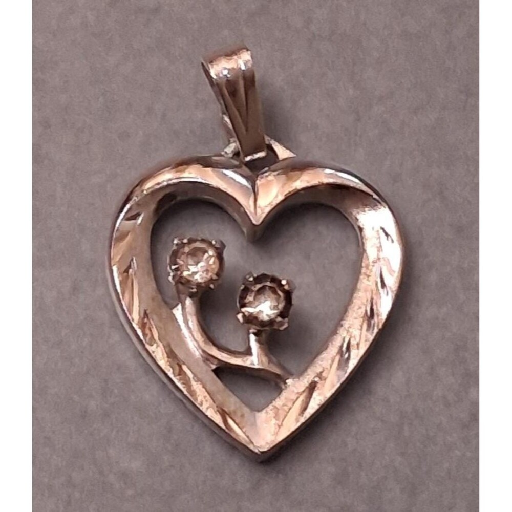 Vintage Sterling Heart Flower Charm Pendant Clear Stones
